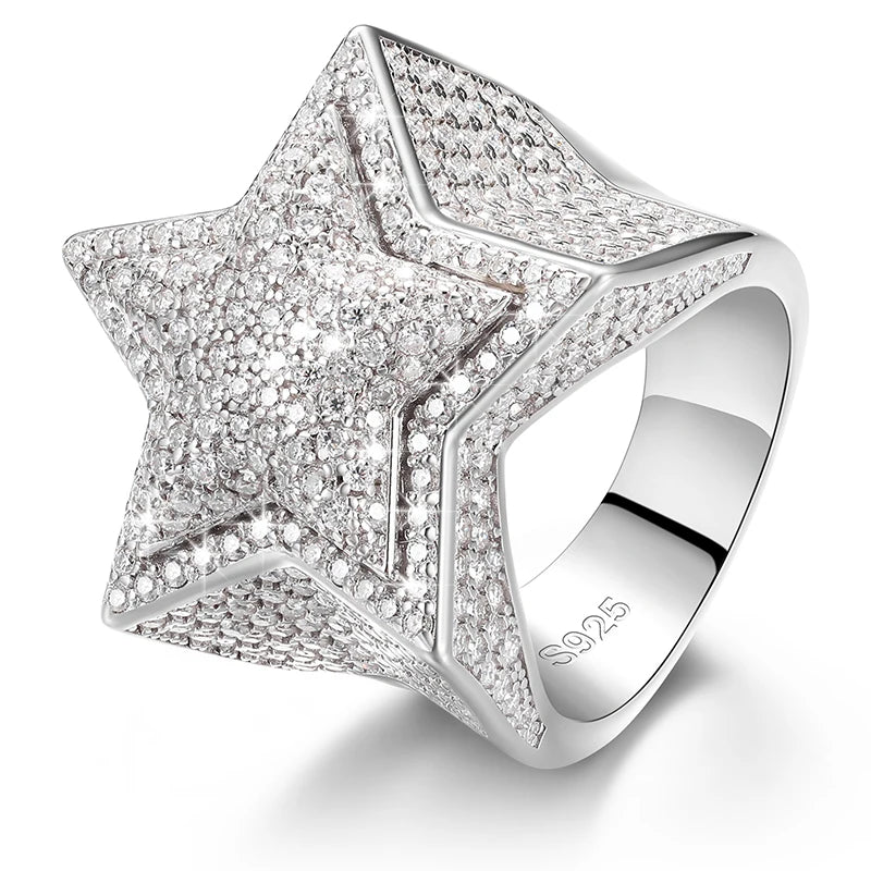 Iced Out Moissanite Star Ring – VVS Diamond Pass Tester | 18K Gold Plated 925 Silver Hip Hop Jewelry w/ GRA Certificate