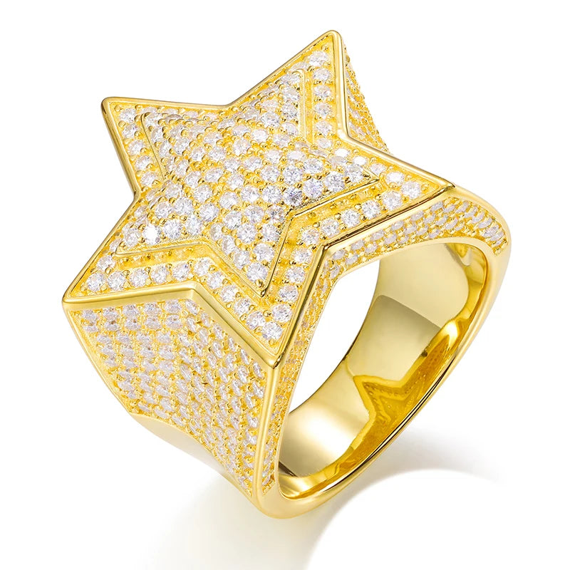 Iced Out Moissanite Star Ring – VVS Diamond Pass Tester | 18K Gold Plated 925 Silver Hip Hop Jewelry w/ GRA Certificate