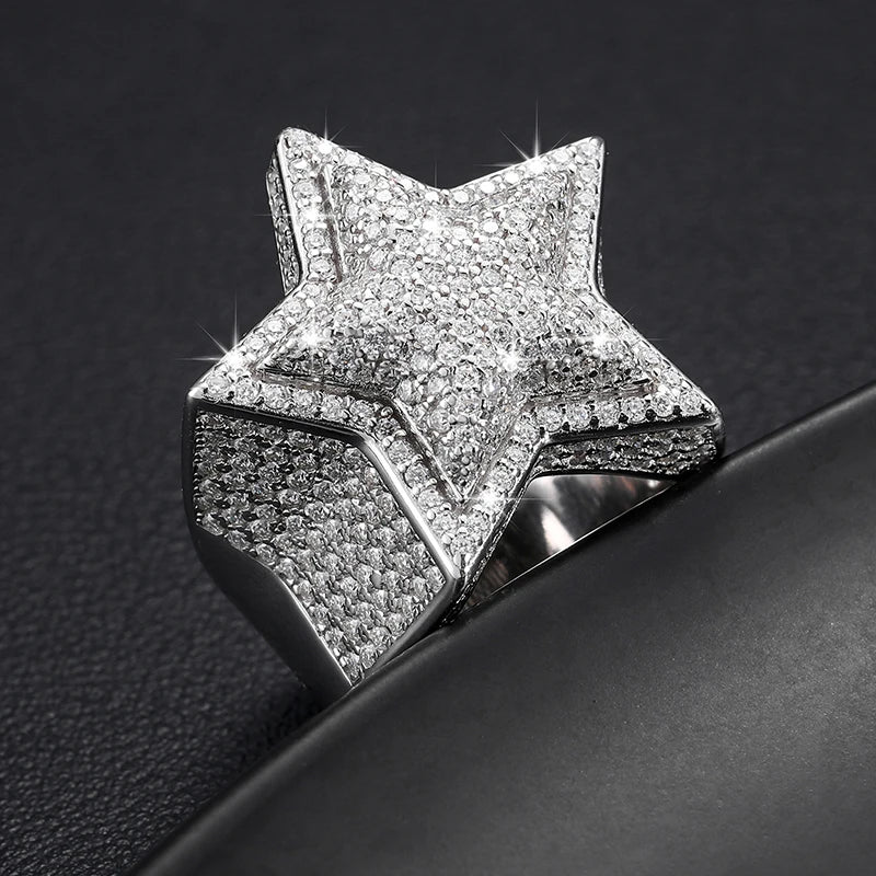 Iced Out Moissanite Star Ring – VVS Diamond Pass Tester | 18K Gold Plated 925 Silver Hip Hop Jewelry w/ GRA Certificate