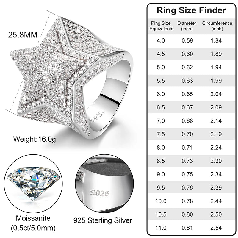 Iced Out Moissanite Star Ring – VVS Diamond Pass Tester | 18K Gold Plated 925 Silver Hip Hop Jewelry w/ GRA Certificate
